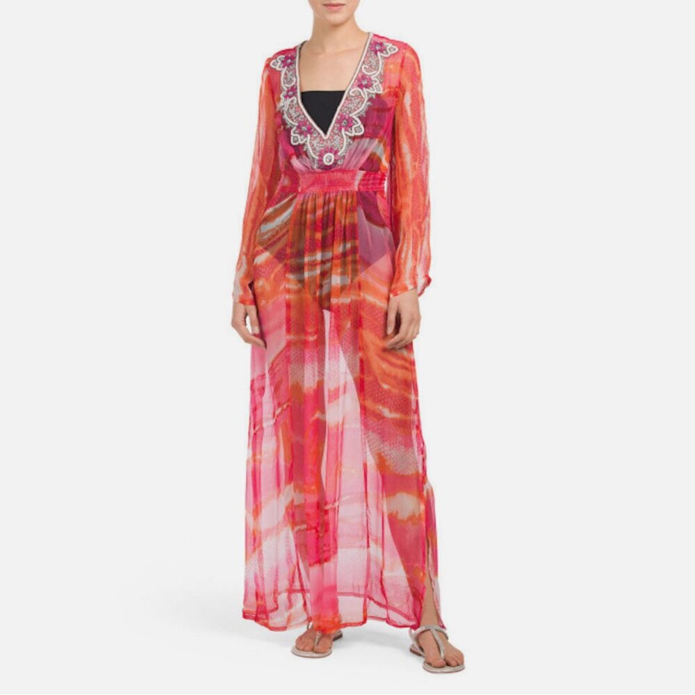 Debbie Katz Silk Beaded Maxi Sheer Cover Up Dress